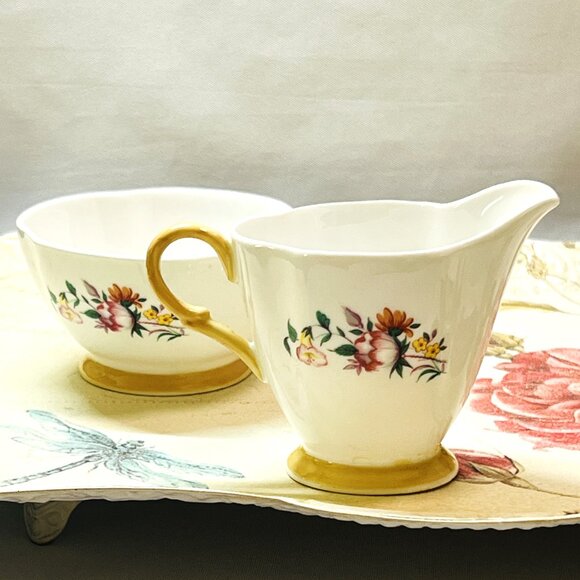 Windsor England Sugar Bowl & Creamer Yellow Trim Vintage Bone China Numbered - Picture 6 of 10